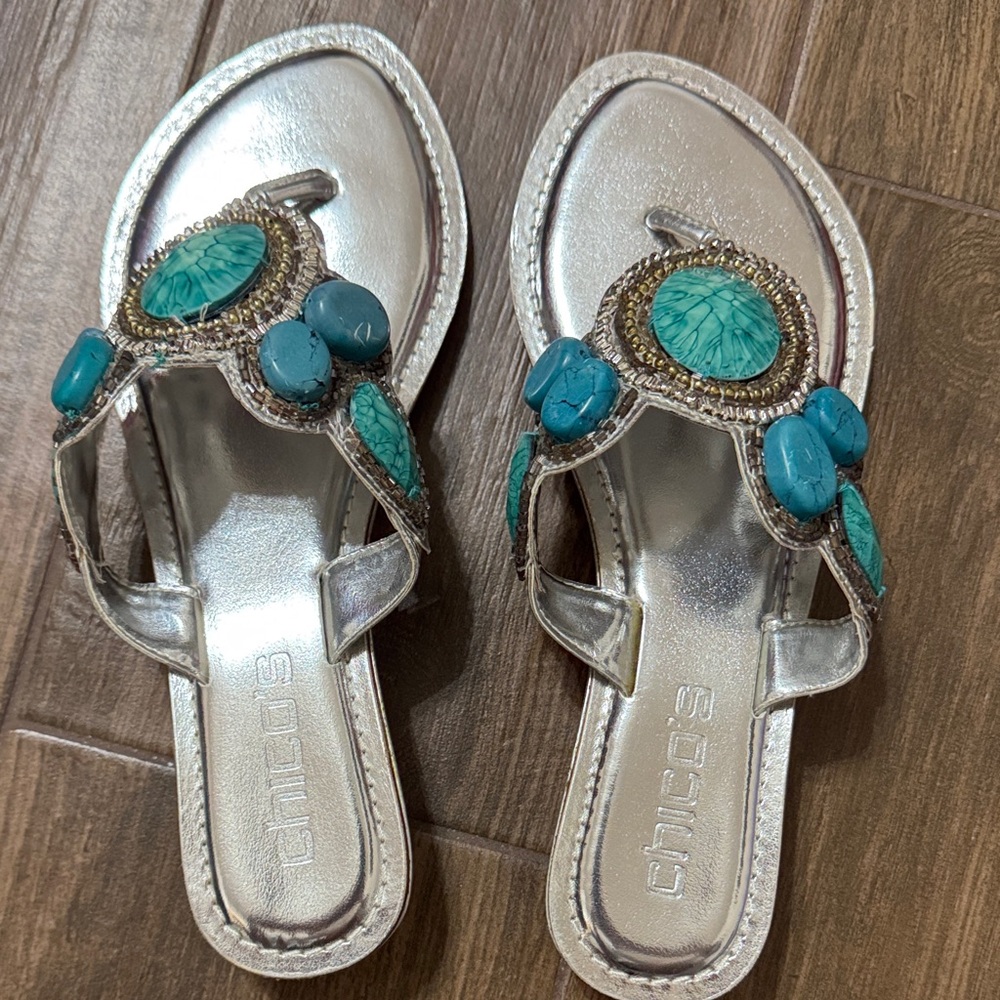 Chico's Metallic Silver Sandals with Turquoise Embellishments